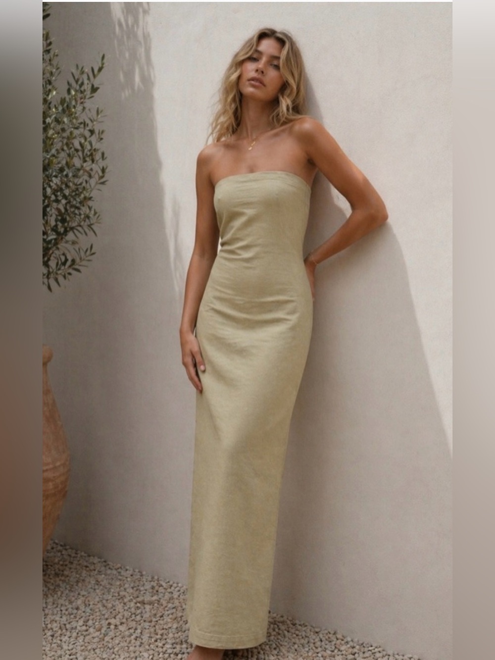 Zara Olive Cotton & Linen Blend Strapless Maxi Tube Dress NEW Medium